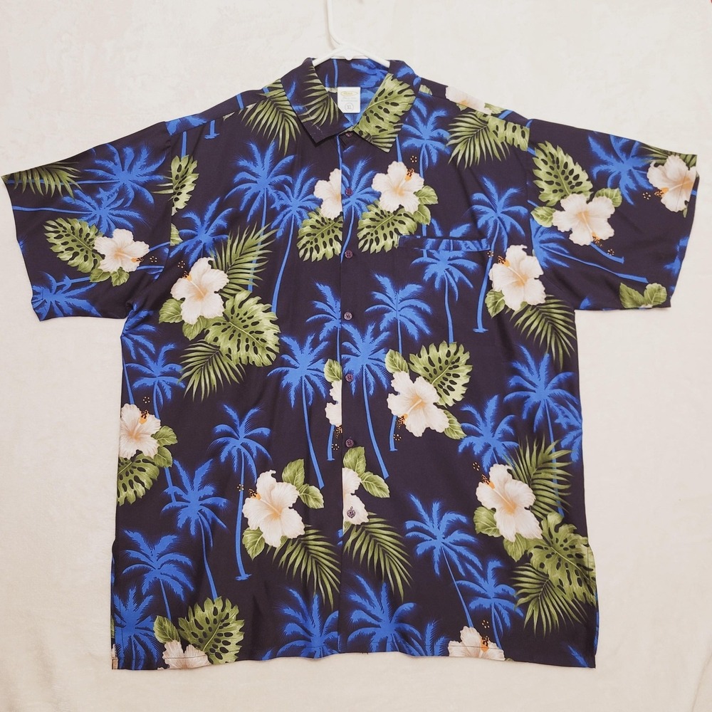 Rima Shirt Mens XL Black Blue Hawaiian Aloha Floral Palm Button Front Hibiscus